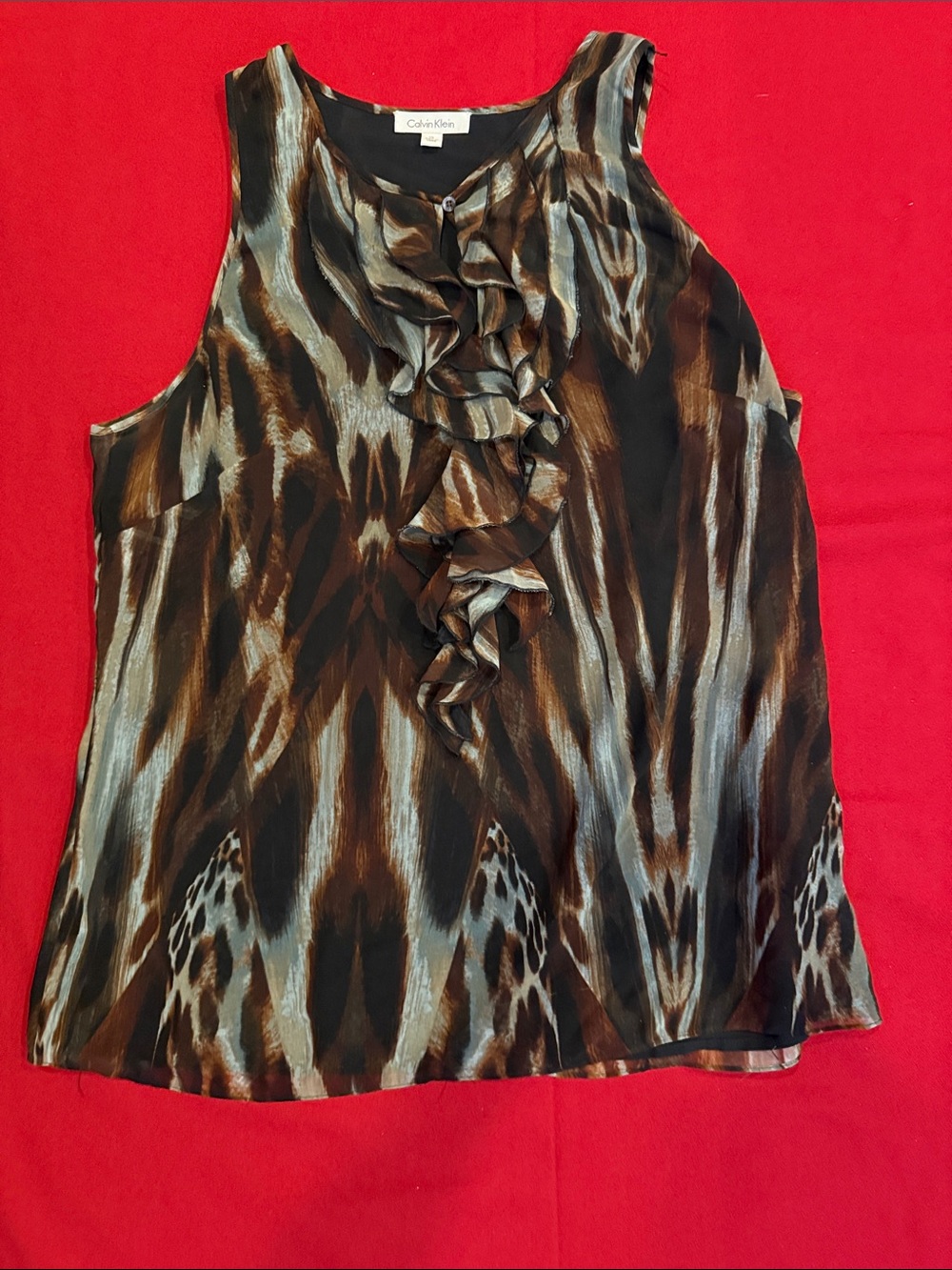 Calvin Klein Brown & olive Animal-Print Ruffle Front Camisole